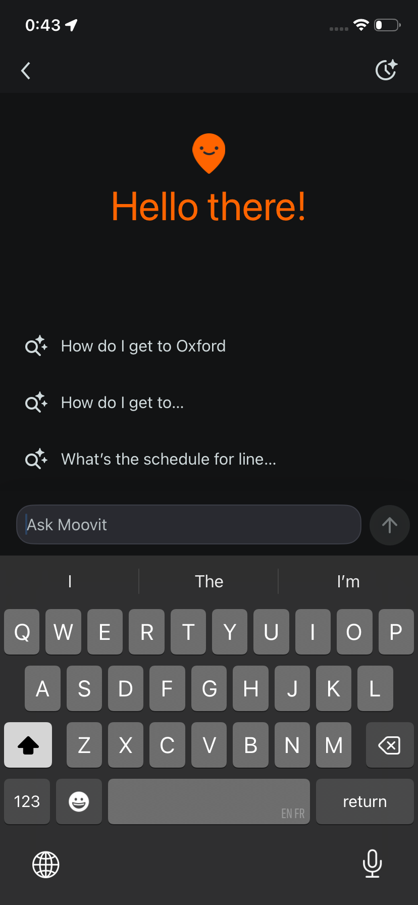 AI search welcome screen in dark mode
