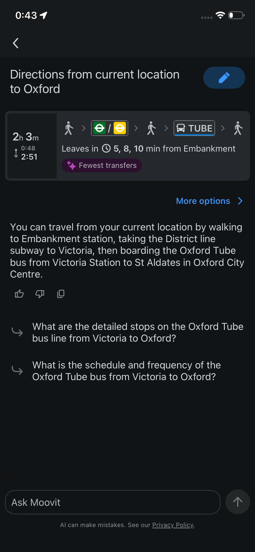 Directions answer to Oxford in dark mode