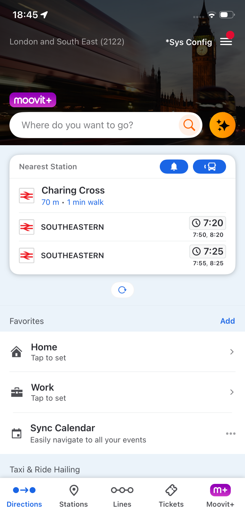 Moovit home screen with the AI star next to search