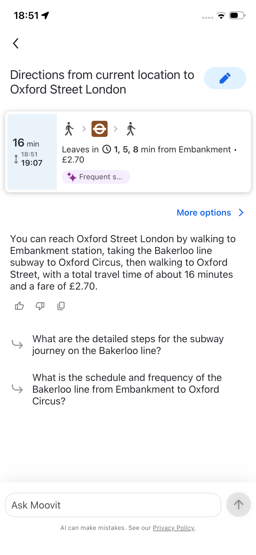 Directions answer to Oxford Street with live departures