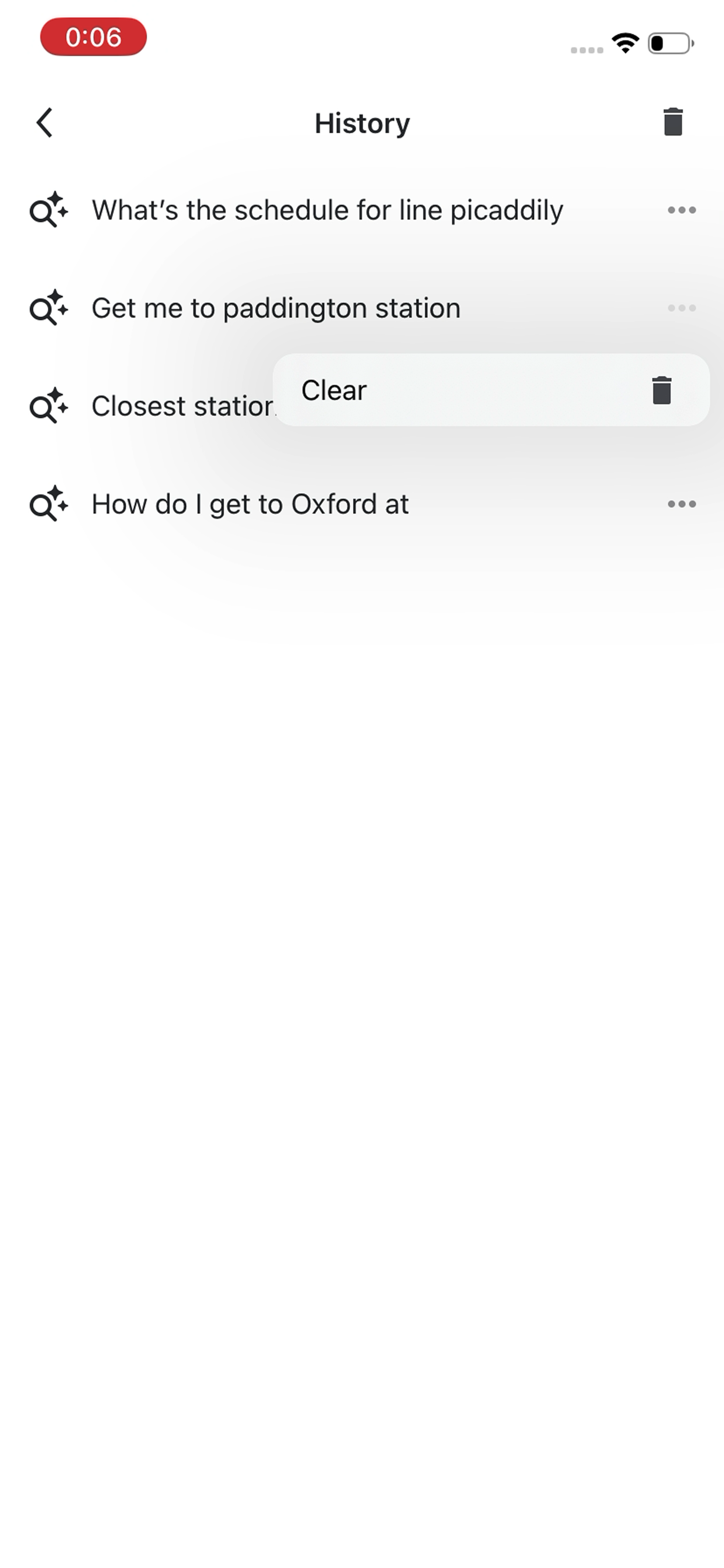 History list with a clear option